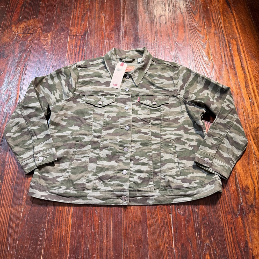 Levis Jacket Womens 2X Green Camo Relaxed Fit Stretch Ex Boyfriend Trucker NWT